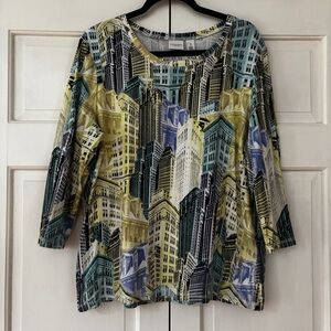 Chico's Size 3 City Print Purple Yellow Graphic 3/4 Sleeve Tee‎ Shirt Chicos XL